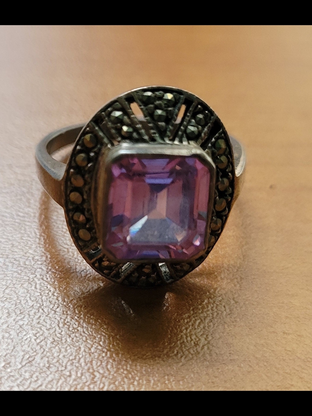 Vintage Silver-Tone Purple Glass Marcasite-Style Statement Ring